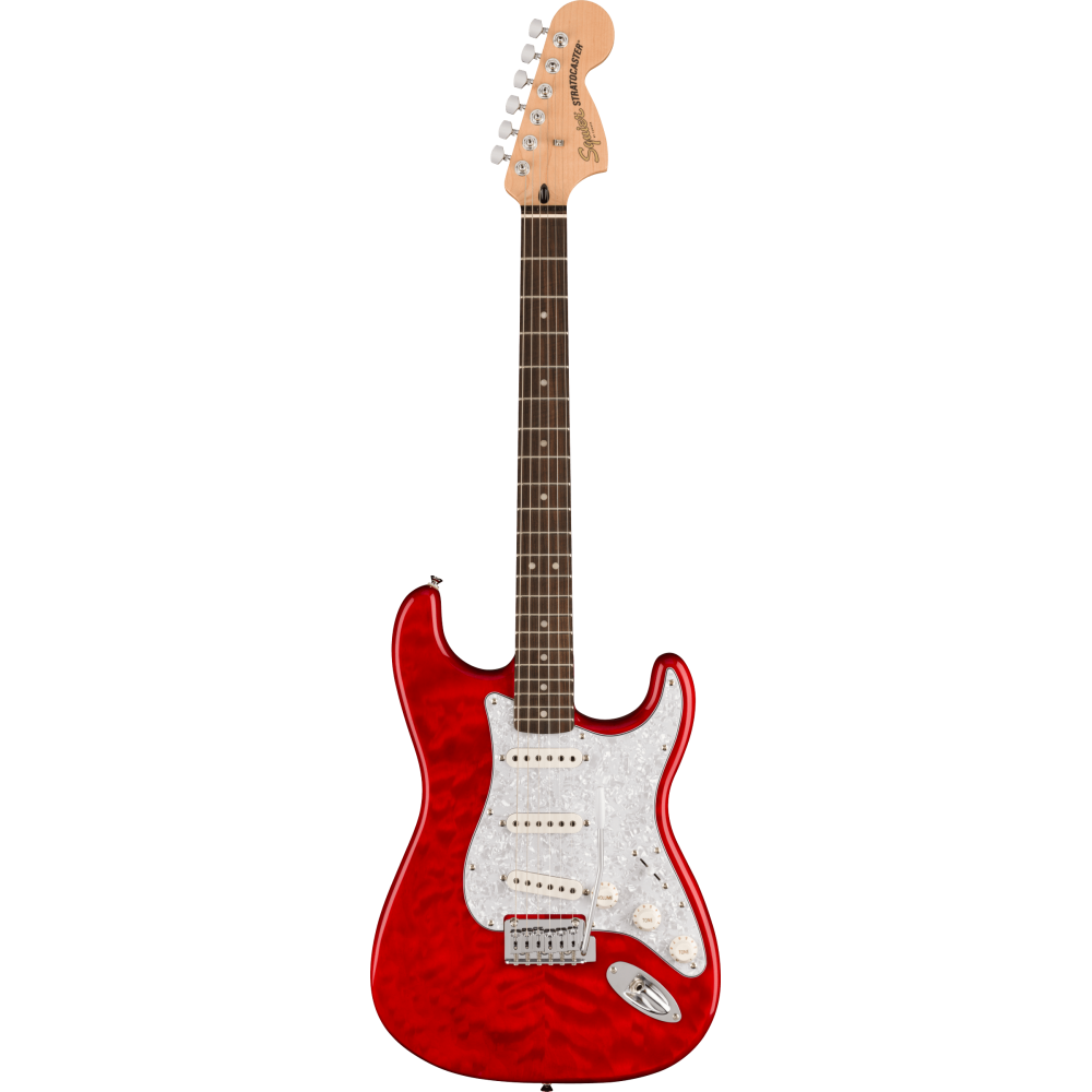 Squier by Fender FSR Affinity Stratocaster QMT LRL WPPG Crimson Red Transparent.