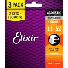 Elixir 16538 80/20 Bronze Nanoweb Acoustic Strings 11-52 (3-P)