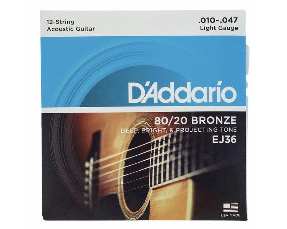 Daddario EJ36 10-47 Light 12-String, 80/20 Bronze Acoustic Guitar Strings