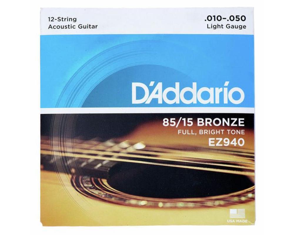 Daddario EZ940 85/15 Bronze 12-String Acoustic Guitar Strings, Light, 10-50