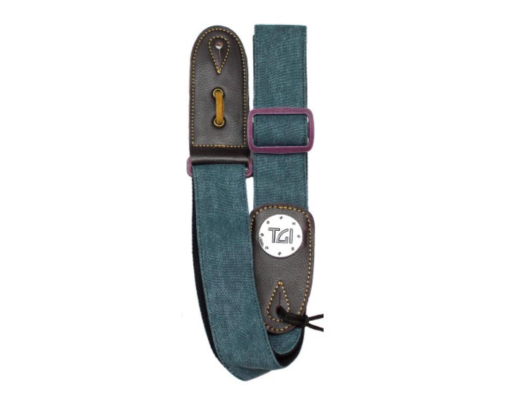 TGI Guitar Strap Woven Green Denin Purple Buckle